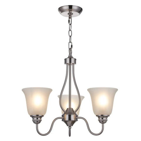Lit Three Light Chandelier In Brushed Nickel With Frosted Glass Shades, Classic Ceiling Fixture, shown with three illuminated shades