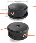 Side and top views of Speed-Feed 400 Trimmer Head Replacement For SRM Series Quick Load String Head, black plastic, with dimensions