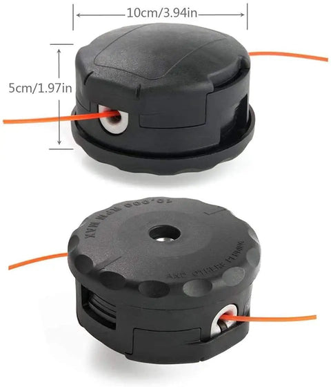 Side and top views of Speed-Feed 400 Trimmer Head Replacement For SRM Series Quick Load String Head, black plastic, with dimensions
