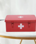 Xbopetda red metal first aid box with white cross, front view, dual latches.