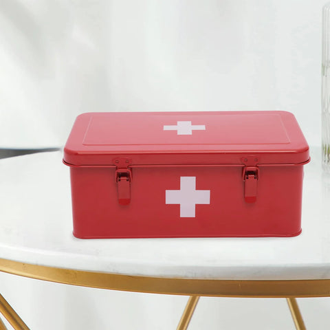 Xbopetda red metal first aid box with white cross, front view, dual latches.