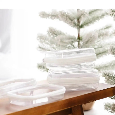 Top Shelf Hard Sided Clear Zipper Boxes For Quick Storage And Road Trips, Nail The Mess With BPA Free Plastic Pencil Case And Toiletry Bag, Hella Durable Two Piece XS Bundle stacked on a table with a Christmas tree in background.