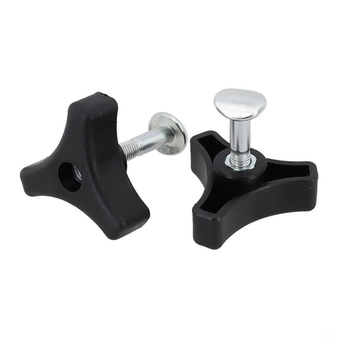 Premium Lawn Mower Parts Set With Durable Plastic Triangle Handle Knob, Bolt And Screw Kit For Yard Garden Outdoor Machines, Featuring 50 MM Long Screw, 20 Mm Head Diameter, And 6 Mm Shaft Fit In Silver And Black, shown with two black knobs and bolts