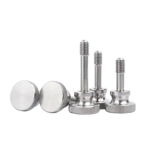 Heavy Duty M5 X 20mm Captive Screws With Knurled Thumb Head Crafted From Tough As Nails 304 Stainless Steel Panel Fasteners arranged in a group.
