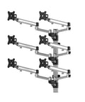 Hella Adjustable Spring Arm Six Monitor Wall Mount For Flat Panel Displays in sleek aluminum design, showcasing ergonomic multi-screen setup.