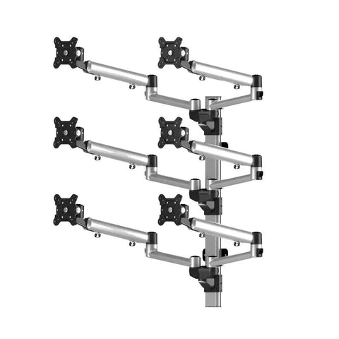 Hella Adjustable Spring Arm Six Monitor Wall Mount For Flat Panel Displays in sleek aluminum design, showcasing ergonomic multi-screen setup.