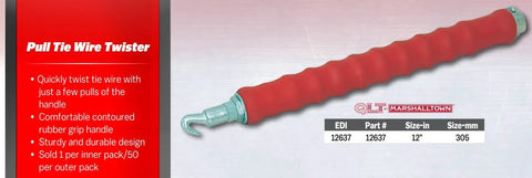 QLT Pull Tie Wire Twister with red rubber grip handle for concrete rebar tying, 12 inch length, shown in side view on product card.