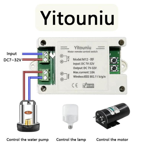 Front view of Yitouniu motor remote controller module, DC7–32V, 10A, with screw terminals; water pump, lamp, and motor shown.