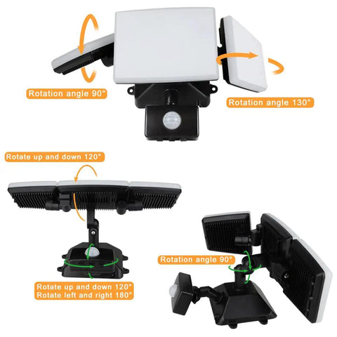Plug In Motion Sensor Light With 3 Adjustable Heads 35W LED Outdoor Flood Light No Nonsense IP65 Waterproof, showing rotation angles.