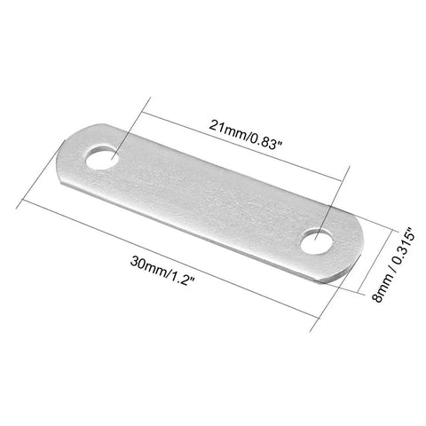 Close-up of 30mm by 8mm flat corner brace from 10 Pack Repair Plate Set 30mm by 8mm Flat Corner Brace Bracket Connector For Quick Fixes And Mending, Silver Tone Metal Hardware For Home, Garage, And Workshop Projects