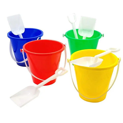 Three Pack Beach Toys Set With 5.25 Inch Buckets And Shovels, Kids Sand Play Pails in blue, red, green, and yellow colors