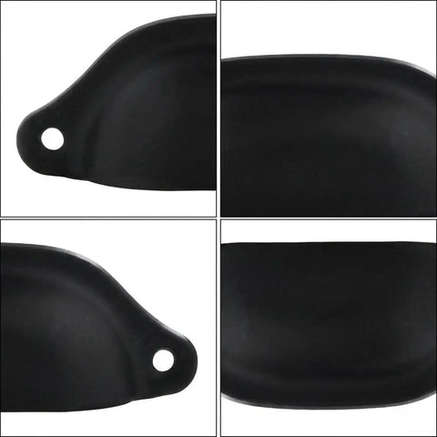 Vintage Half Moon Cup Pulls 30 Pack Pressed Steel Cabinet Handles Kickass Yellow Top Shelf Rustic Farmhouse Hardware. Black pressed steel cup pull angle views.