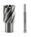 No Sweat Heavy Duty HSS Annular Cutter With A Killer Edge Delivering Dead Straight Precision And Clean Burr Free Holes For Rock Solid Metal Drilling Work Includes Pilot Pin Plus Plastic Case, showing cutter and pilot pin.