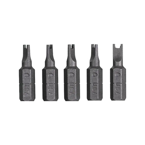 Six Spanner Insert Bit One Inch Length Quarter Inch Drive Rock Hard S2 Tool Steel Five Pack, showing various bit shapes.