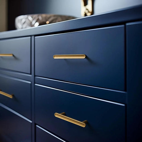 Six Pack 3-Inch Classic Curvature Cabinet Handles In Antique Brass on blue kitchen drawers, vintage-style zinc alloy hardware