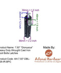 Heavy Duty Wrought Cast Iron Foot Bolt Locks Eight Pack Black Powder Coated, 7.5-inch barn door latch with measurements.