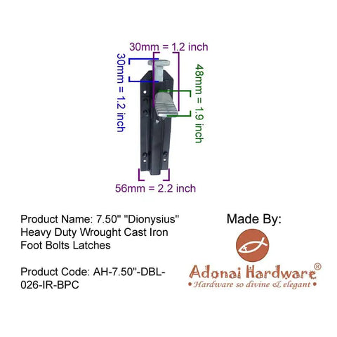 Heavy Duty Wrought Cast Iron Foot Bolt Locks Eight Pack Black Powder Coated, 7.5-inch barn door latch with measurements.