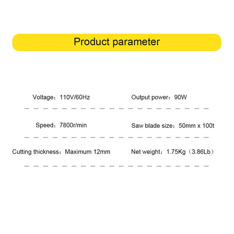 Product parameters for Mini Desktop 0 To 45 Degrees Multi Angle Portable Cutter with 7800 RPM speed and 90W power.