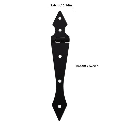 Beefy Heavy Duty Iron Gate Hinge Set, decorative black iron hinge with dimensions, for fences and garden gates.