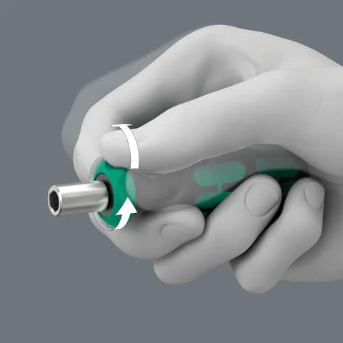 Hand holding RA S Bitholding Screwdriver With Ratchet In Handle, 1 Quarter Inch External Hex Drive, ergonomic grip in use.