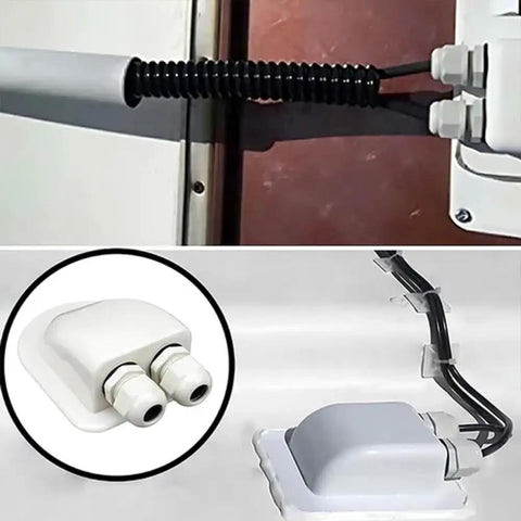 ABS Solar Double Cable Entry Gland Grommet Kit for all cable types from 2mm to 6mm installed on a wall, showing dual cable entry