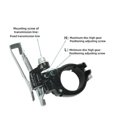 Budget Friendly Road Bike Front Derailleur Clip Ring Type For 31.8 To 34.9 Mm Tube Size 2 Speed 16T Total Capacity 46 To 52T Top Gear Aluminum Alloy With Two Piece Crank Compatibility Shimano R2000 Drivetrain, shown from side with adjusting screws.