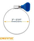 PowerTEC 2-1/2 inch stainless steel hose clamp with blue tightening key, front view