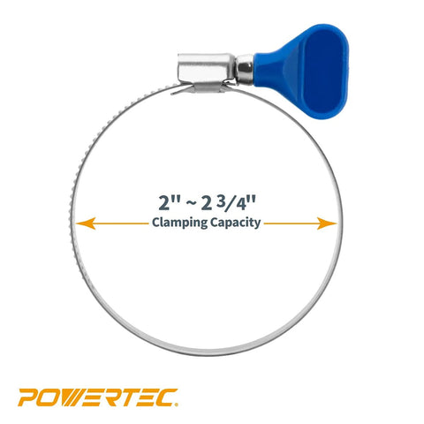PowerTEC 2-1/2 inch stainless steel hose clamp with blue tightening key, front view
