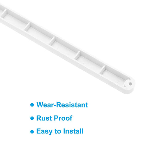 Premium Nine Inch Plastic Drawer Slides, Four Pack Side Mounted Guide Rails With Screws, Built Tough White cabinet hardware, close-up view.