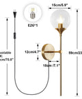Slick Modern Long Globe Plug In Wall Sconce Lights Set Of 2 With Clear Glass Globes Brass Gold Finish 2 In 1 Plug In Or Hardwired