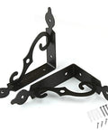 Heavy Gauge Metal Shelf Brackets L Shape Corner Braces Two Pack 240 Millimeter thick steel with decorative design and screws.