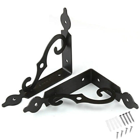 Heavy Gauge Metal Shelf Brackets L Shape Corner Braces Two Pack 240 Millimeter thick steel with decorative design and screws.