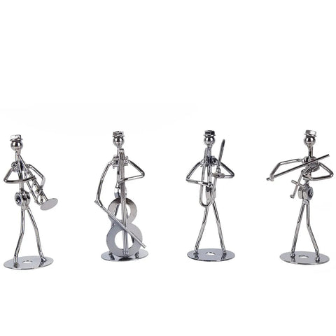 Premium Hand Welded Music Note Statues Set Of Eight Slick Industrial Wire Sculptures For Boss Level Desk Or Shelf Decor. Four metal music figure sculptures, 5-inch tall, showcasing artistic design.