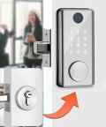 Premium Wireless Fingerprint Door Lock With Remote App Control And Cell Phone Backup Key, mounted on a door with keypad.