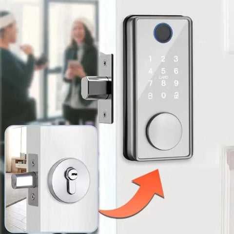 Premium Wireless Fingerprint Door Lock With Remote App Control And Cell Phone Backup Key, mounted on a door with keypad.