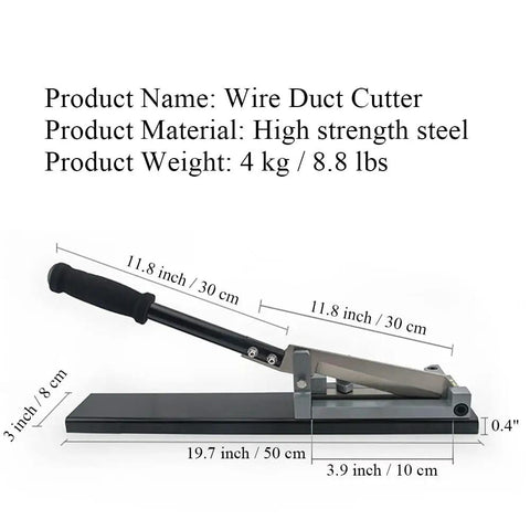 Dimension details of Open Slot Wire Duct Cutter Tool for PVC ducts, 19.7 inch base, handheld design for 45°/90° angled cuts.