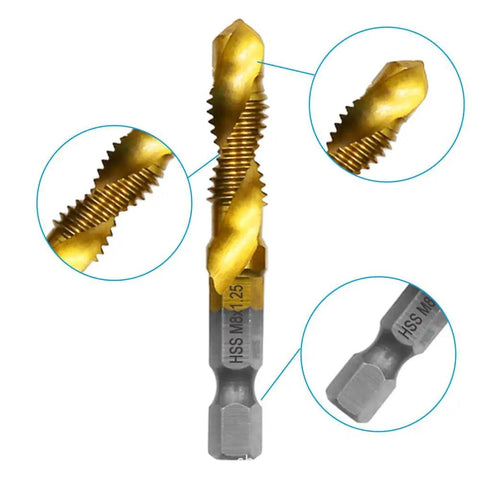 Detailed view of Pro Grade 6 Piece Drill and Tap Set With HSS Titanium Bits For 6-32, 8-32, 10-32, 10-24, 12-24, And 1/4-20 NC Threads