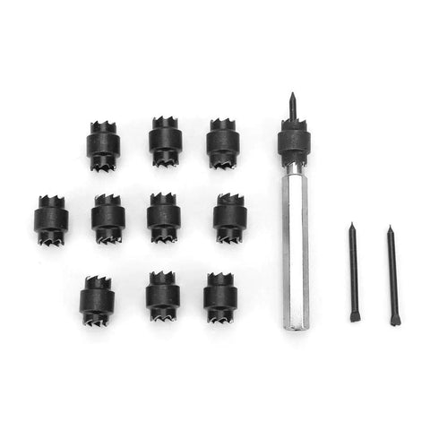 13 Piece Three Eighths Inch Double Sided HSS Spot Weld Cutter Kit With Hex Shank Drill Bits For Spot Weld Removal And Sheet Metal Panel Separator For Access Hole Cutting. 3/8 in cutters and pilot bits