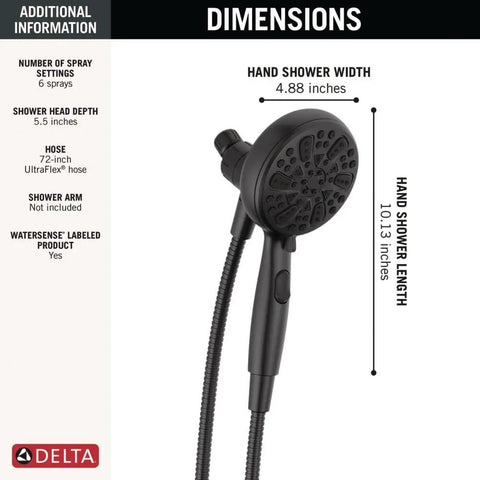 Dimensions of 6 Spray SureDock Magnetic Shower Head With Handheld, Matte Black Finish; 4.88 in width, 10.13 in length.