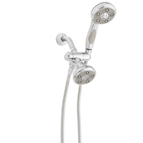Napa Anystream 2 Way Shower Combination With Fixed And Hand Shower Heads For A 2 In 1 Shower Experience High Flow 2 Point 5 GPM Polished Chrome Finish Easy Mode Toggle, showing polished chrome dual heads