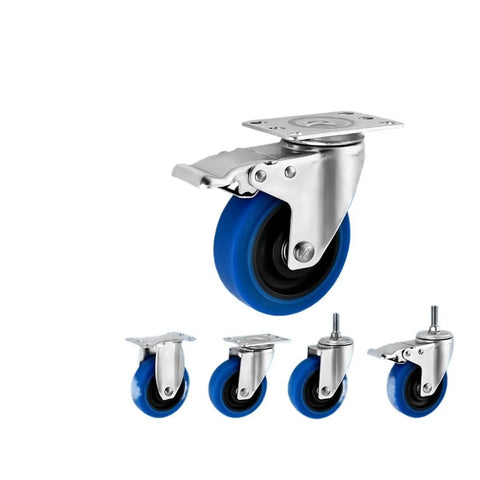 Heavy Duty Silent Swivel Casters Featuring Blue Tpr Rubber 4 Inch Stainless Steel Frame Built Tough For Carts And Furniture That Roll Smooth As Glass And Crushes Weight With Safe Brakes Daily, showcasing blue TPR rubber and stainless steel frame.