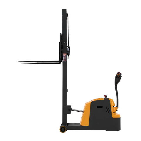 Full Electric Apollo Counterbalanced Stacker With 2200 Lbs Lift Capacity And 98 Inch Height, side view showcasing adjustable fork and hydraulic function.