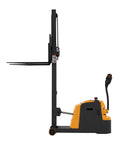 Apollo 2200 Lb Fully Electric Stackert Forklift With Hydraulic Lift And Straddle Forks Reaches 98 Inches High side view with forks extended