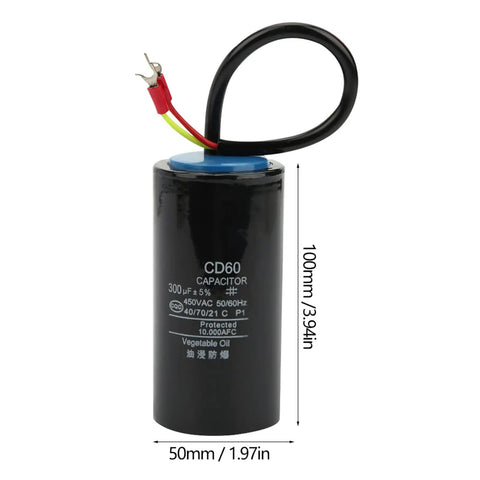 Power Up Start Capacitor For Water Pumps And Industrial Motors 450V 300uF Film Type Plastic Case Double Pin Durable Motor Start Component For Pumps And Equipment 50 By 100 Mm, 50x100mm black capacitor