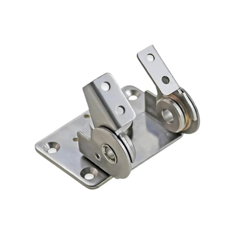 Dual-axis adjustable torque hinge, front view, 304 stainless steel with mounting base and holes.