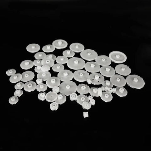 58 Pcs Small Gear Set Module 0.5 For DC Motor DIY Projects Toys RC Cars And Robots With Gear Diameters 3mm To 28mm displayed on black