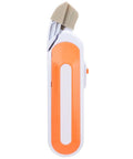 Side view of cordless electric scissors for cutting fabric and thick leather, featuring comfort grip handle and orange design.