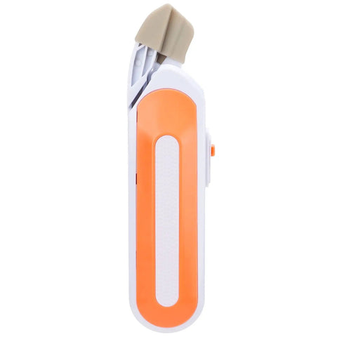 Side view of cordless electric scissors for cutting fabric and thick leather, featuring comfort grip handle and orange design.