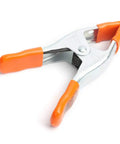 2 Inch Spring Clamp With Handle One Handed Clamping Tool Silver Orange Finish Quick Release Paddle Action for Woodworking and DIY Projects Workhorse Grip Control, close-up view.