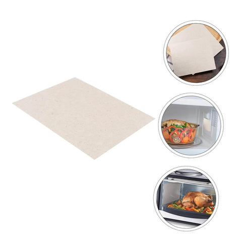 Replacement Mica Plate Sheets For Microwave Oven, 20 Pack, displayed on table and in use inside microwaves, for heat insulation and shielding.